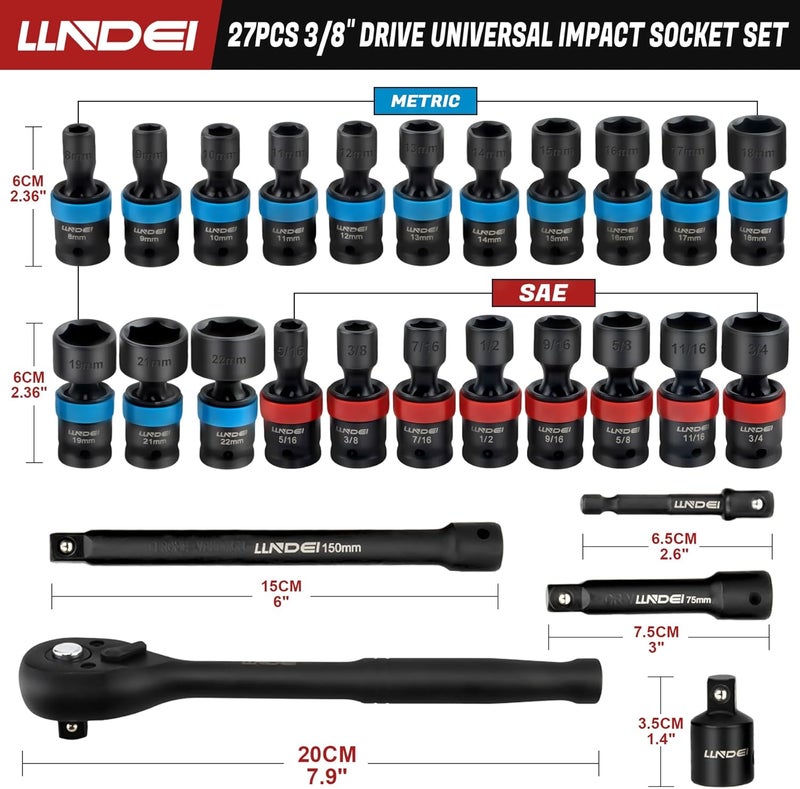 LLNDEI 27Pcs 3/8" Drive Swivel Impact Socket Set, CR-MO Swivel Socket Set Metric(8-22mm)& SAE(5/16-3/4),6 Point Wobble Socket Set with Ratchet Wrench, Extension Bar and Adapters. - Image 2